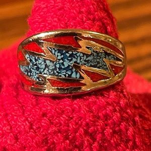 Turquoise and Coral Lightening Bolt Ring